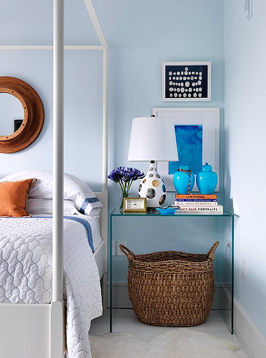Pale blue offset with white calls to mind floating on clouds—wonderful imagery for a bedroom. Photo courtesy of Robert Passal.
